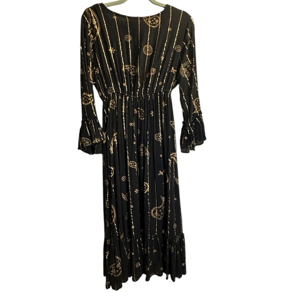Gorgeous Bohemian Whispy Ruffle Maxi Dress Swarna Greece Black & Gold Size M NEW - Picture 4 of 8